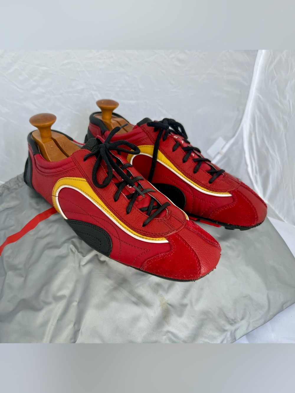 Prada Montecarlo Red Leather Sneakers with Yellow and Black Accents